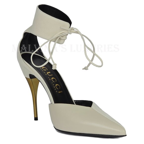 GUCCI SHOES PUMPS WITH ANKLE CUFF GOLD HIGH HEEL WHITE LEATHER sz 41.5 11.5 - Picture 8 of 15